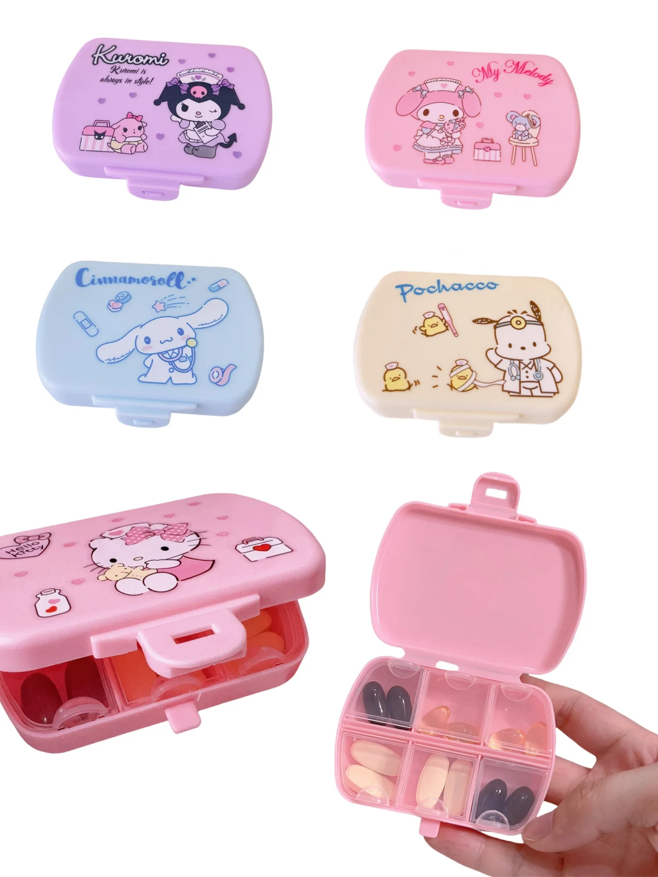 1pc Kawaii Pill Storage Box With Cinnamoroll Hello Kitty My Melody Kuromi  Patterns Lightweight Square Plastic Medicine Storage