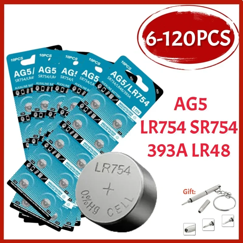 

6-150PCS AG5 LR754 Button Batteries 1.55V SR754 193 393 Round Cell Coin Alkaline Battery L754 SR754SW LR48 For Watch Toys Clock