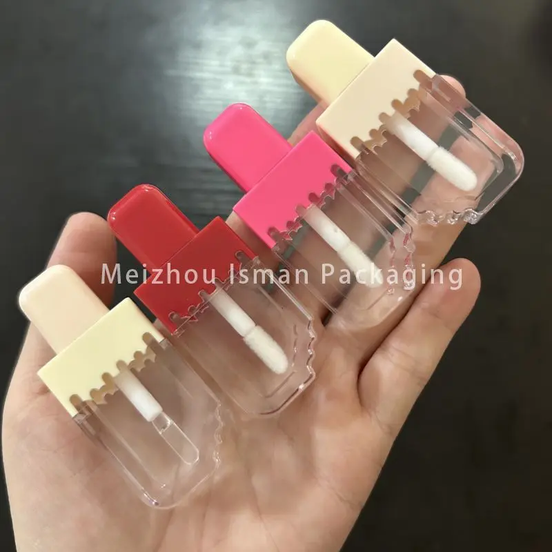 50Pcs cute kids yellow ice cream shape popsicle liquid lip oil glaze bottle lip gloss tube container cosmetic packaging 8ml