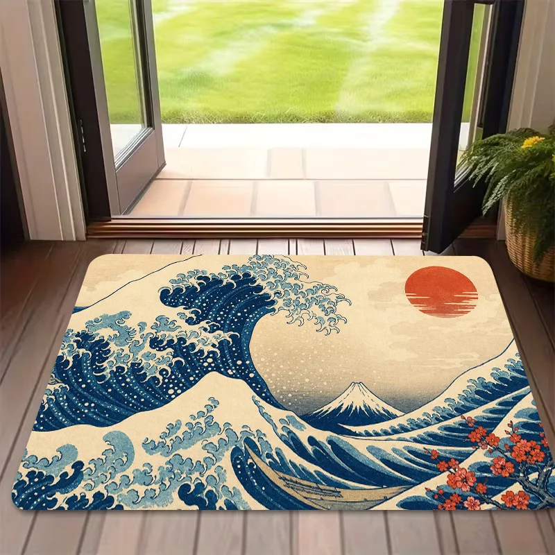 Premium Japanese Ukiyo-e Style Great Wave Mount Fuji Printed Doormat Rug Mat for Home Entryway Hallway Door Decoration Waterproo
