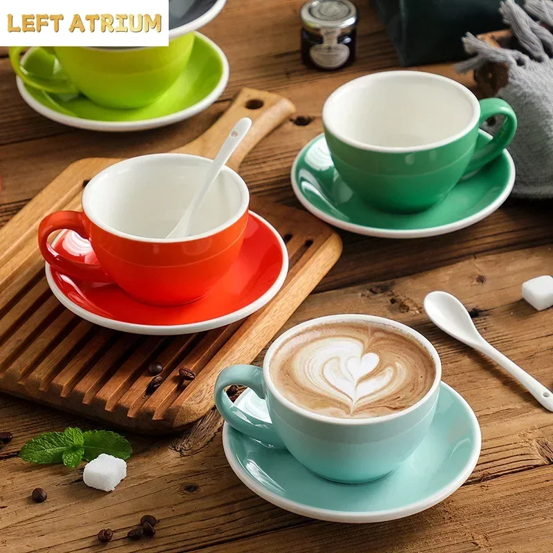 Macaron Color 300ml Ceramic Coffee Mug with Saucer Breakfast Bread Milk Mug Afternoon Tea Dessert Tea Cup Office Cup Cutlery New