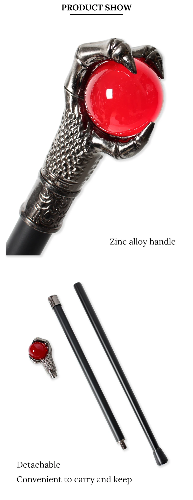 10 Colors Silver Alloy Dragon Claw Crystal Ball Walking Cane Detachable Vintage Walking Stick Cosplay Party Prop for Men Women