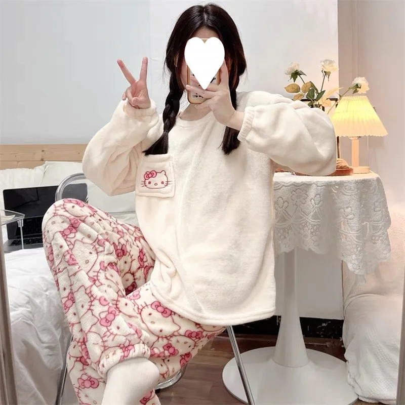 Hot Sanrio Cartoon Japanese Hello Kitty Stuff Pajamas Female Flannel Winter The New Plus Thicken Velvet Sweet Keep Warm Pajamas