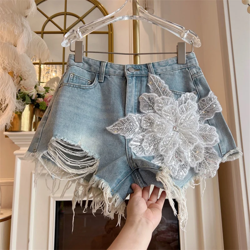 Sommer Mode Perlen Blumen Denim Shorts Frauen Streetwear Retro Quaste Hohe Taille Shorts Würzige Mädchen Lose Raw Rand Kurze