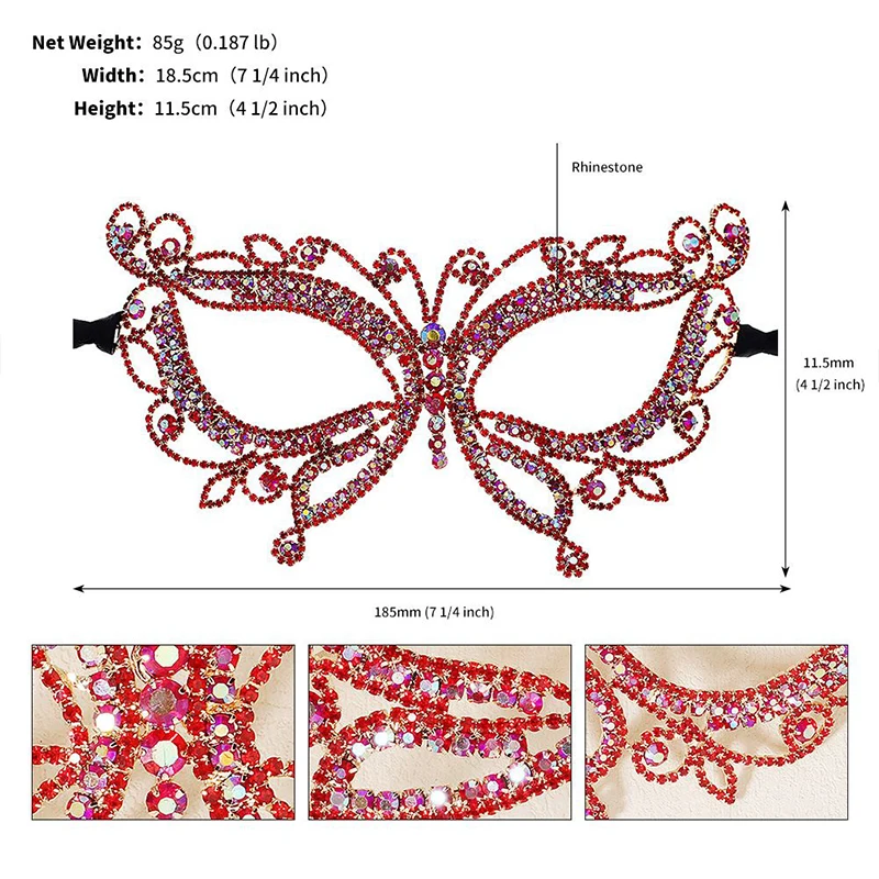 Butterfly Rhinestones Women Masquerade Masks Shiny Jewelry Accessories Elegant Stage Catwalk Carnival Cosplay Evening Prom Red