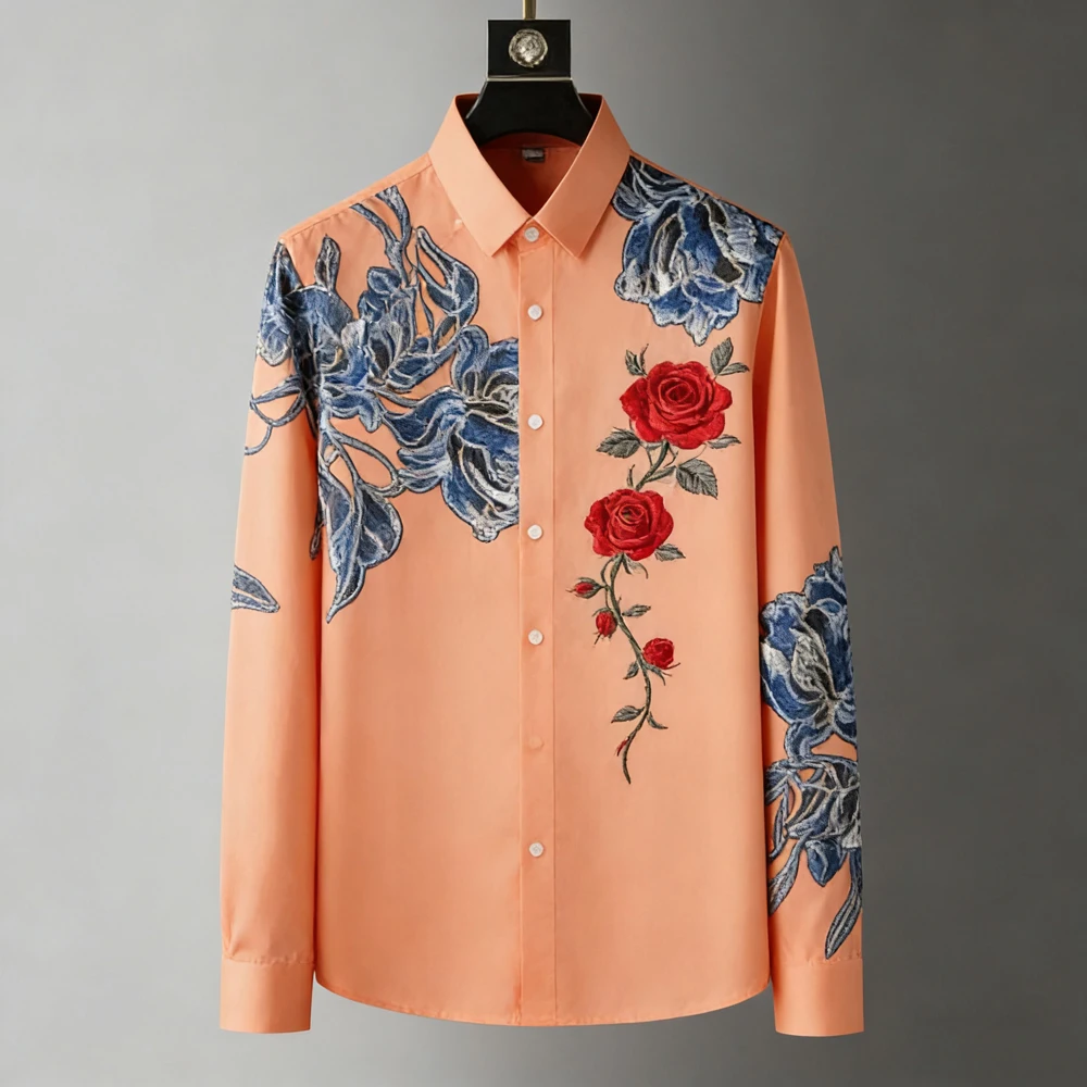 Men Luxury Gray Blue Floral Peony Green Fern Leaf Print Long Sleeve Shirt Turn Down Collar Party Casual Daily Wear Tops