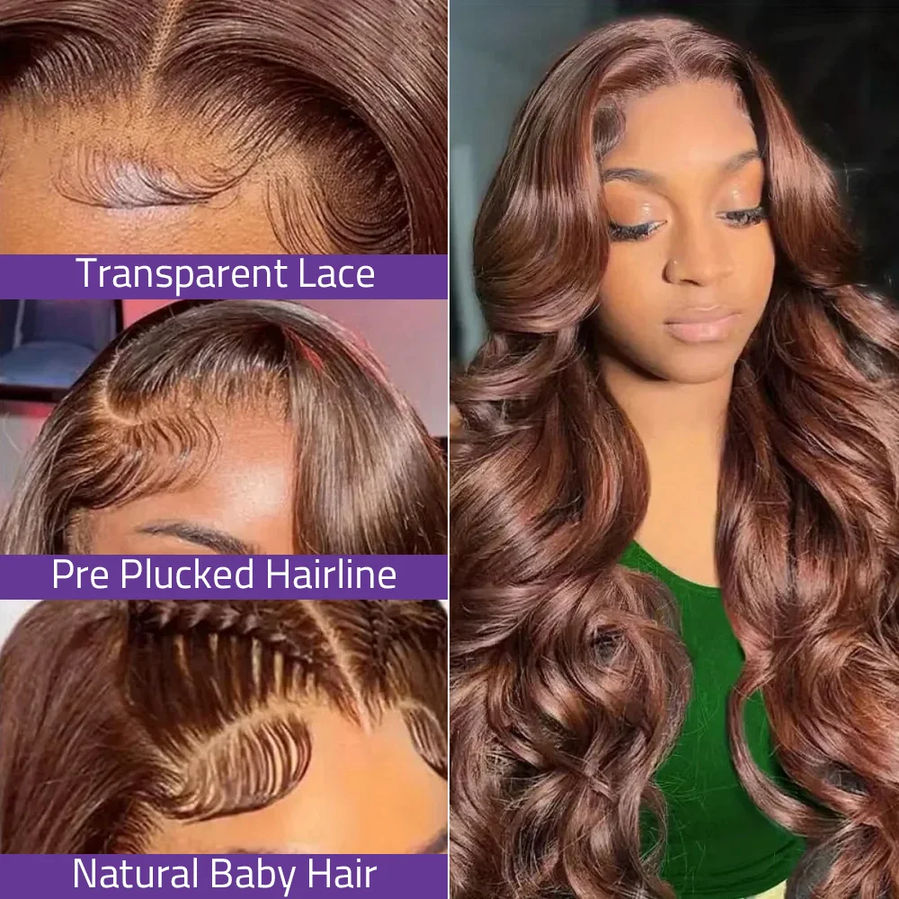 # 4 perruque avant en dentelle marron chocolat 13x6 Transparent HD dentelle frontale 100% couleur vague de corps perruques de cheveux humains pré-plumés 200 densité