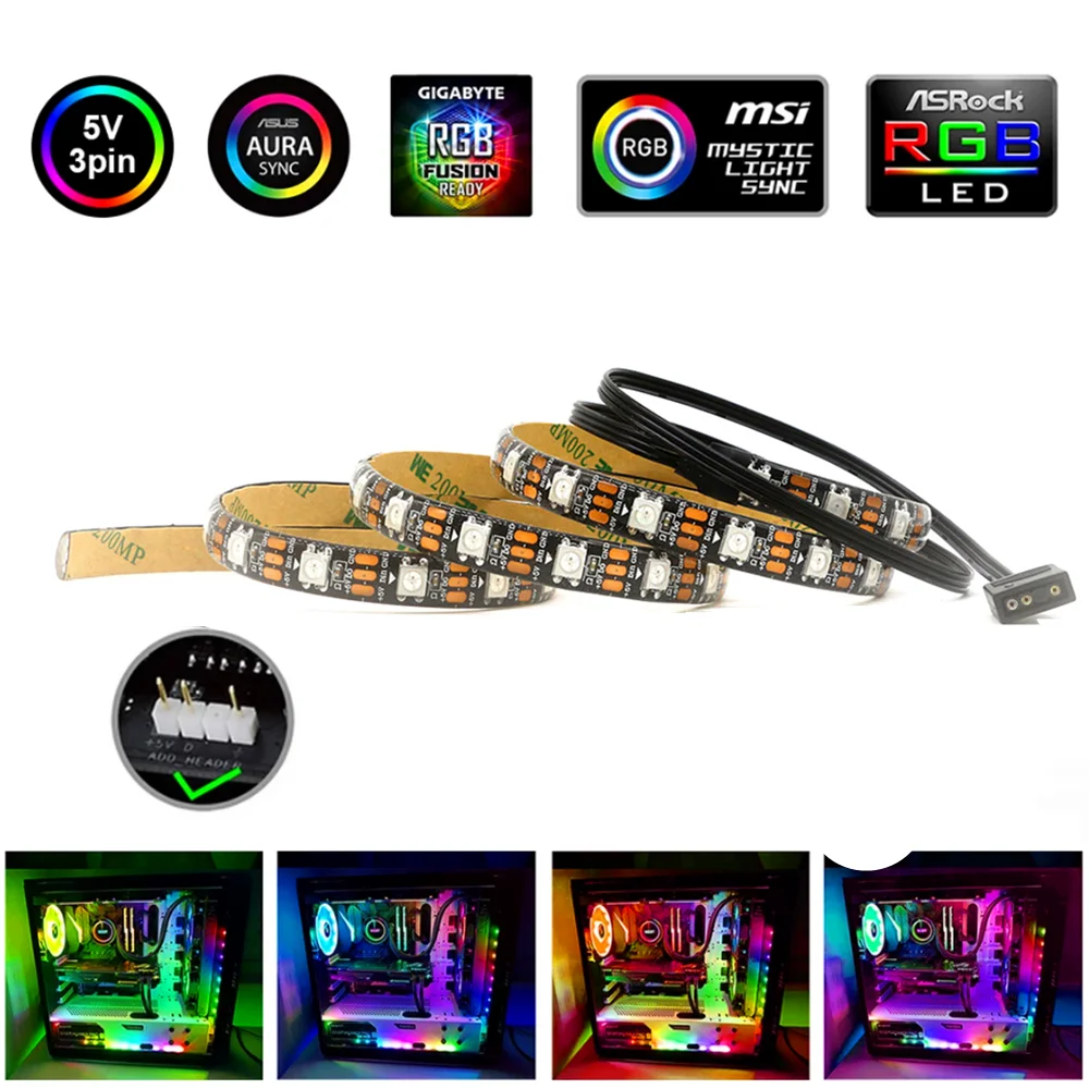 Desktop Computer Case LED Strip 5V 3Pin Header Powered WS2812B IC 5050 SMD Individual Pixel RGB Black PC Light 0.5m 1m 1.5m 2m