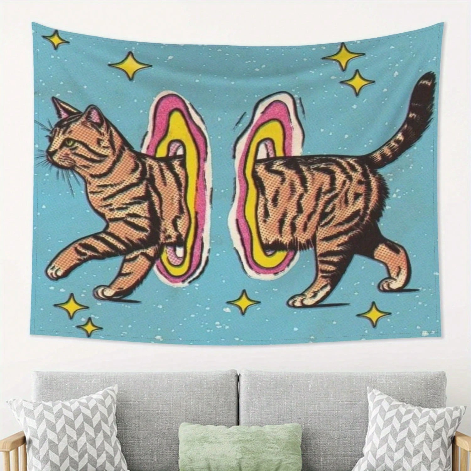 1 Stück surrealistische Illustration einer geteilten Katze, Wandteppich, geeignet für verschiedene Feste, perfektes Wandteppich-Geschenk, Wandteppich zur Dekoration