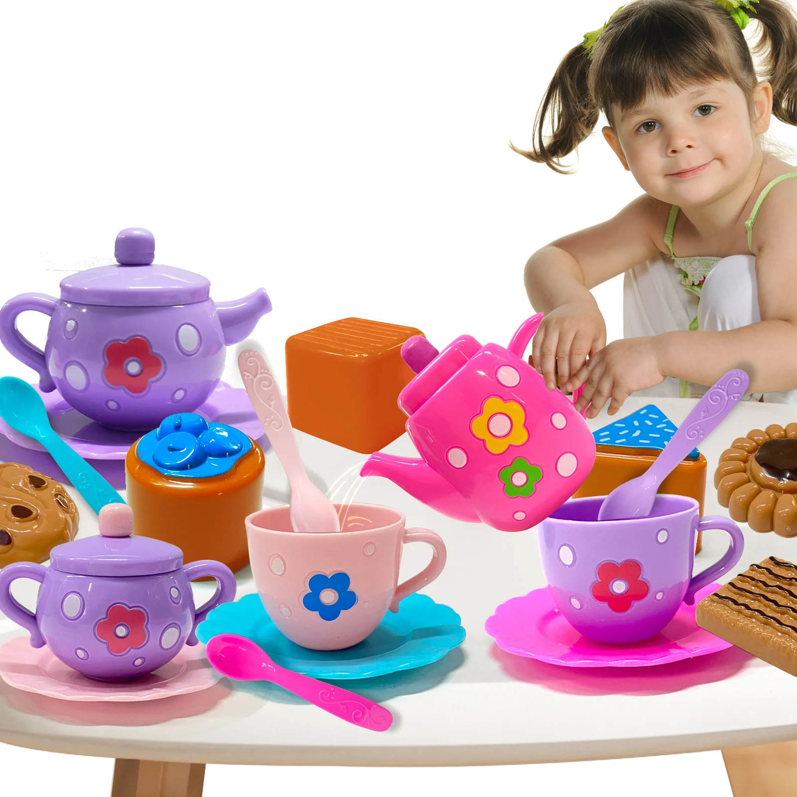 Set da tè per bambine, Set da tè, Set da tè con bollitore, biscotti, cibo per bambini, accessori per feste da tè giocattolo