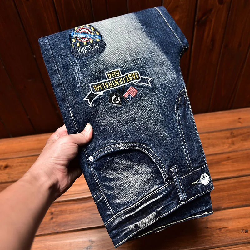 Fashion Embroidered Floral Men'S Jeans Slim Straight Pants Ripped Patch Scratched Stretch Trend Casual High-End Denim Pants