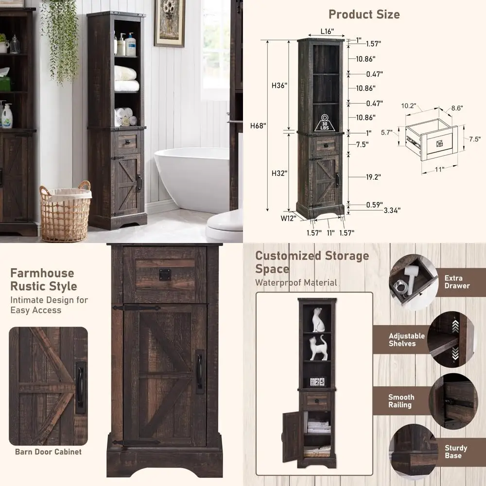 

rustic adjustable shelve bathroom cabinet with drawer and tall linen storage