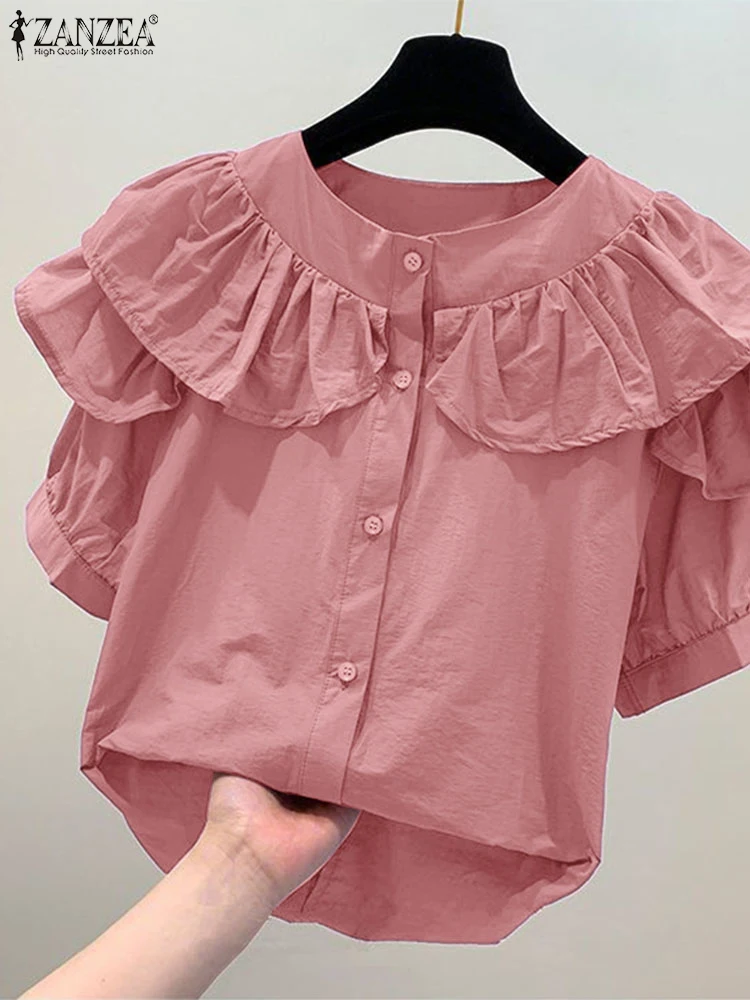 

ZANZEA Office Women Shirts 2025 Summer Blouses Elegant Short Sleeve Buttons Tops Stylish Ruffled Work Blusas Female Chemise 2025