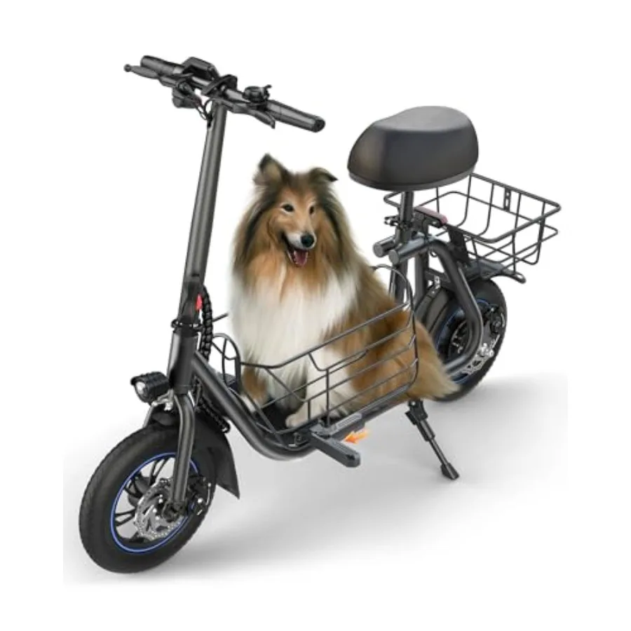 

Commuting electric scooter with C1S seat and large basket, aluminum alloy frame, black color, 550W motor, 20-mile range, 19MPH