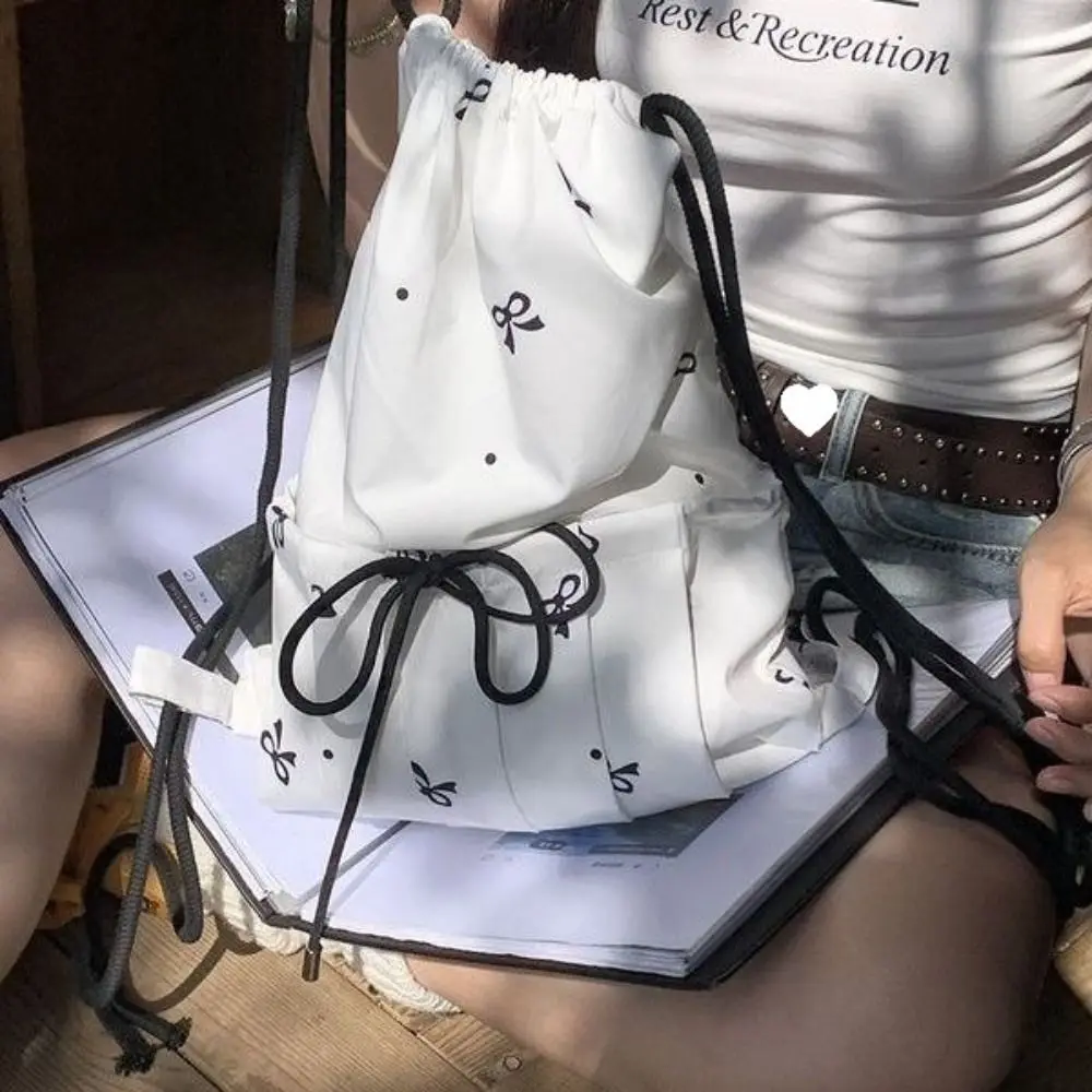 

Korean Style Bow Drawstring Backpack Large Capacity White Light Weight Shoulders Bag Sweet Travel Student School Bag Women