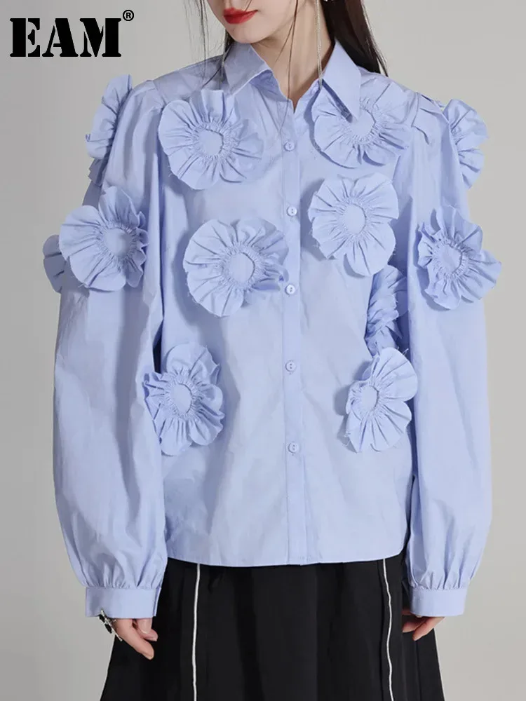 [EAM] Women Blue Orange Big Flower Pleated Elegant Blouse New Lapel Long Sleeve Shirt Fashion Tide Spring Autumn 2024 1DH4778