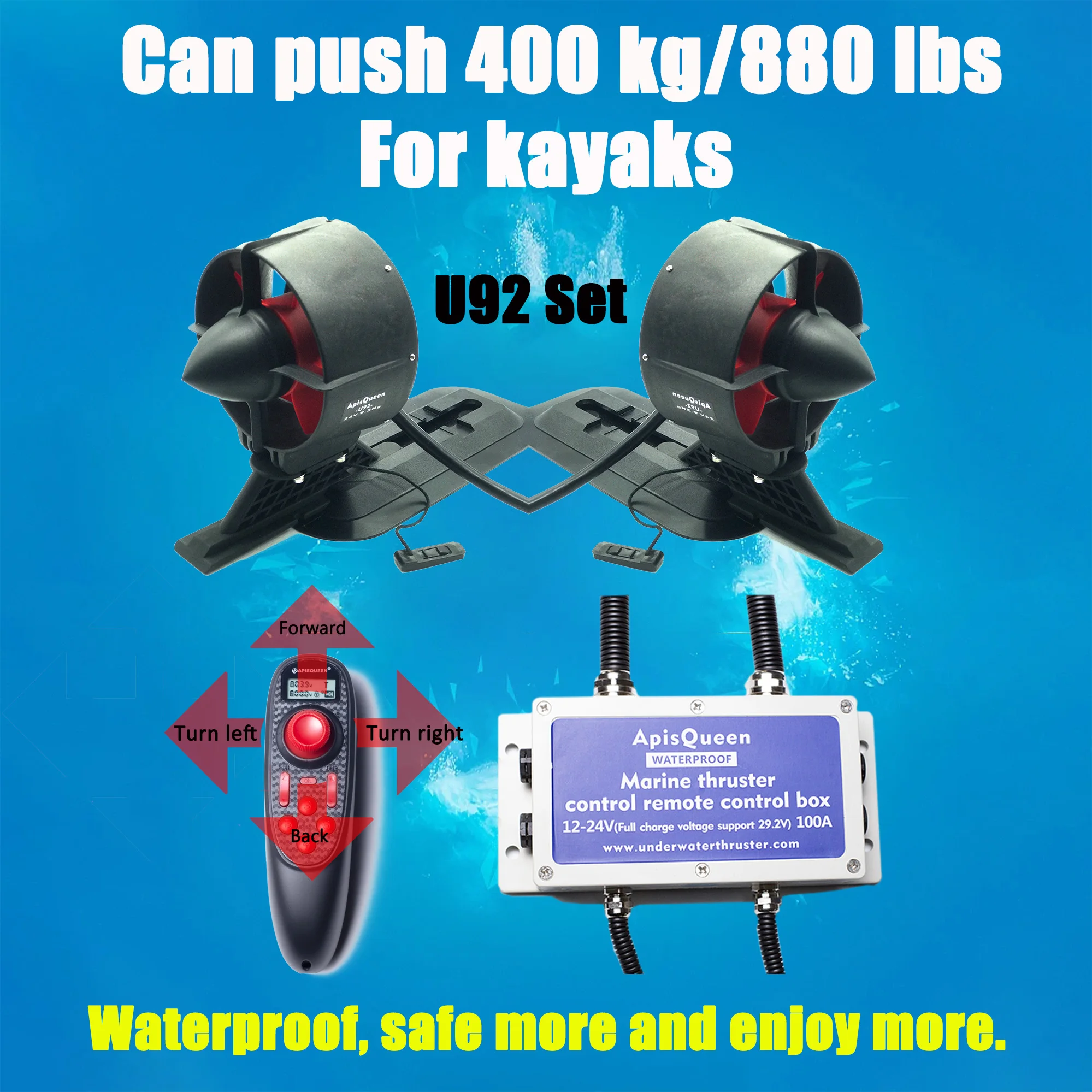 U92 12-24V underwater thruster remote control set to push a 400 kg/880 (4-6 persons) lbs kayak paddleboard surfboard inflatable