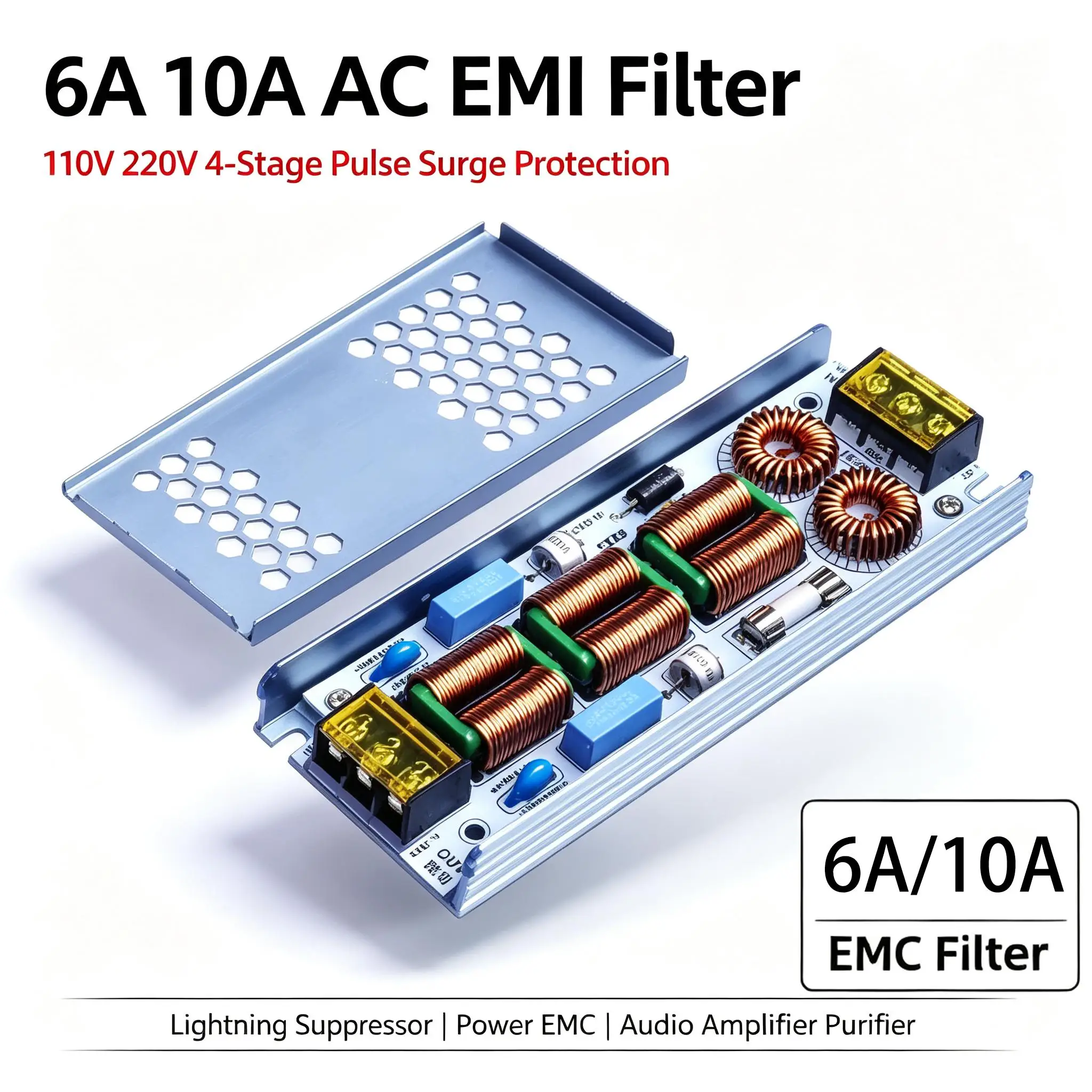 DYKB EMI Filter 6A 10A AC 110V 220V 4-Stage Pulse Surge & Light Protection Suppressor Power EMC Audio Amplifier Purifier Current