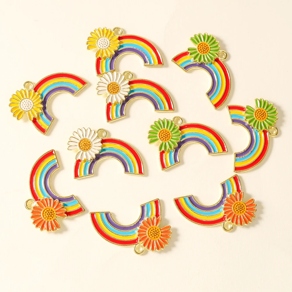 10 Stück 15*25mm Niedliche Emaille-Gänseblümchen-Regenbogen-Anhänger für handgemachte Ohrringe, Armbänder, Schlüsselanhänger, DIY-Schmuckherstellung