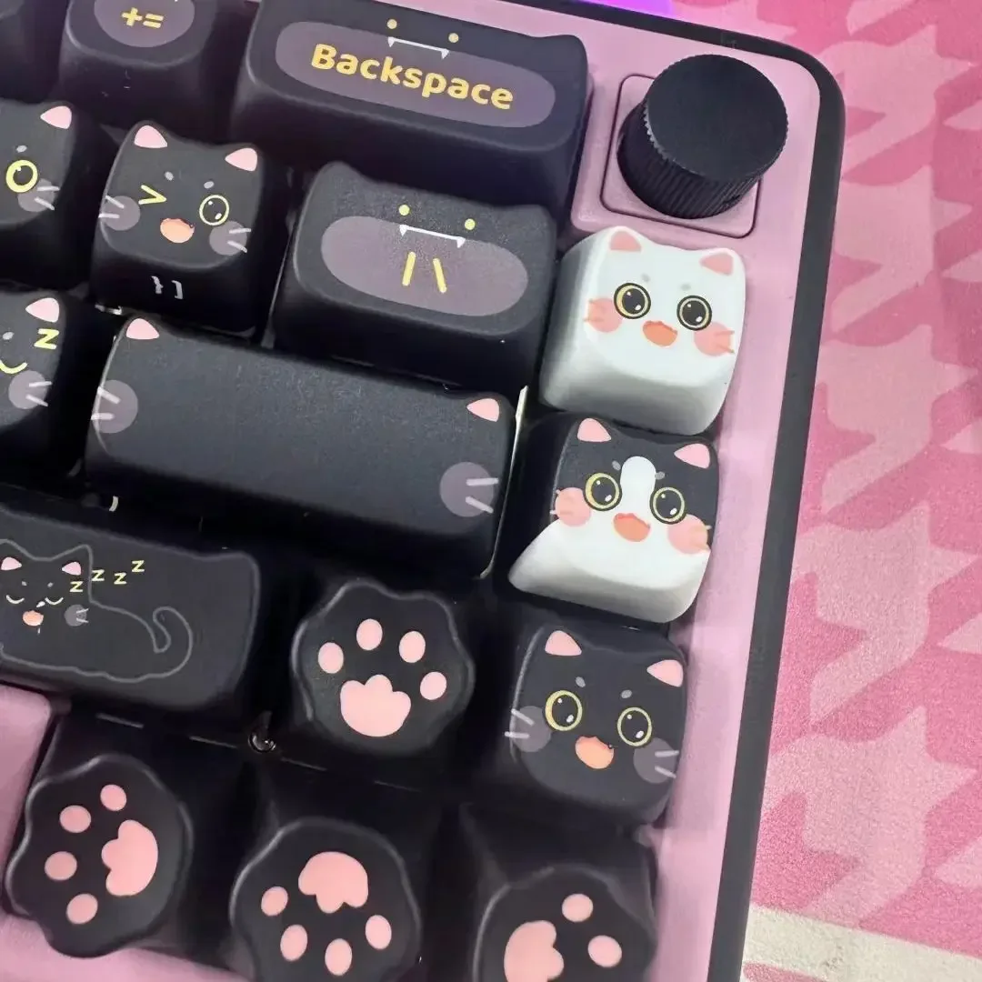 MAO-Black Cat Keycaps, Teclado Mecânico, Sublimação Térmica, Bonito, PBT, Quadrado, 142 Chaves, 2.25 U, 2.75U, Novo