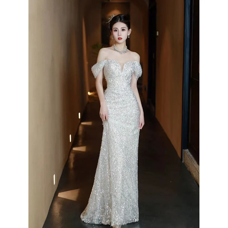 2024 Luxury Beading Mermaid Celebrity Dresses Boat Neck French Sequins Vintage Corset White High-end Wedding Party Bridal Gown