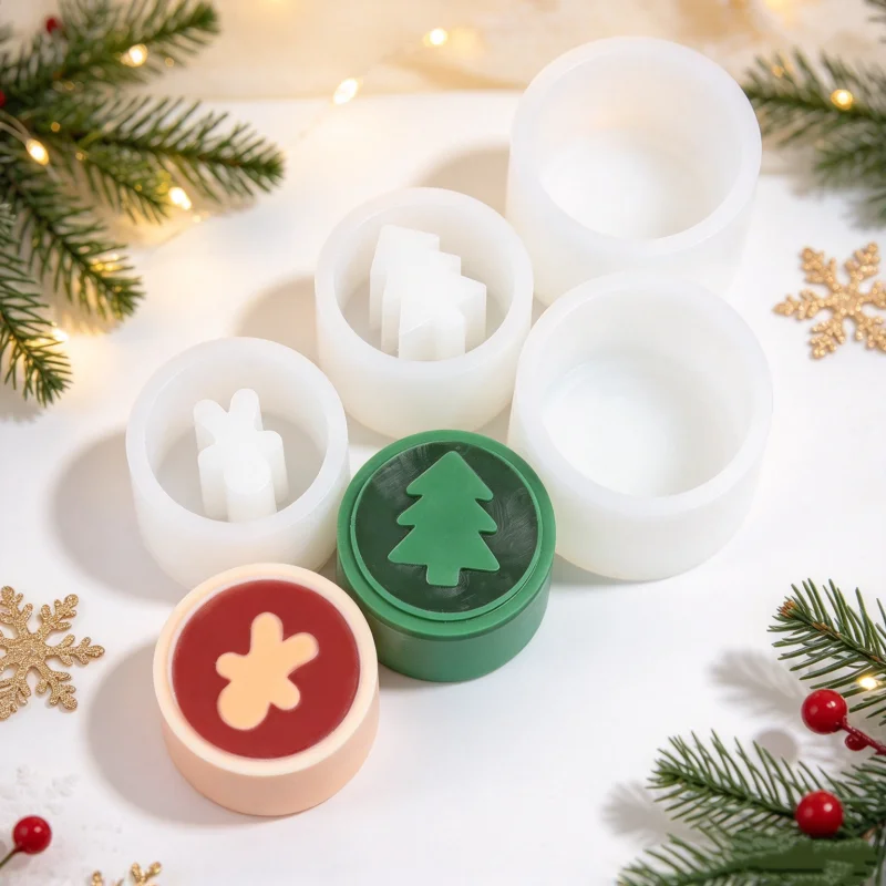 2 Part Split 3D Christmas Cylinder Soap Silicone Mold Xmas Tree Gingerbread Man Elk Snowflake Pattern DIY Soy Wax Candle Making