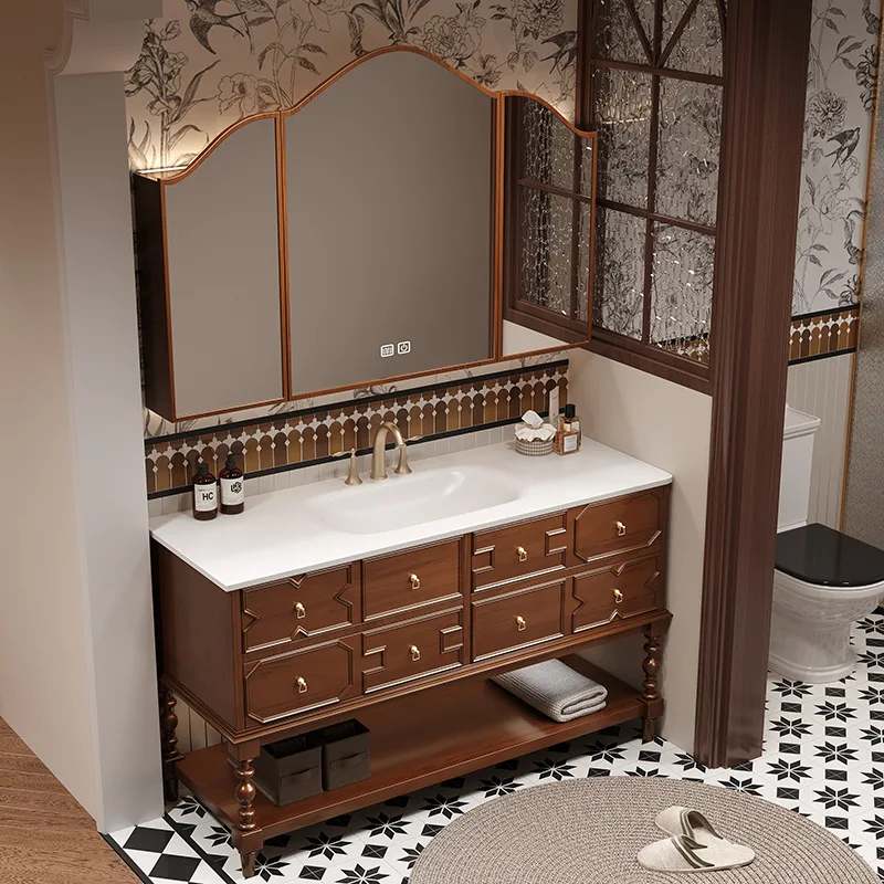 Factory Direct 2026 French retro medieval style bathroom cabinet combination floor slate hot bending integrated washbasin toilet