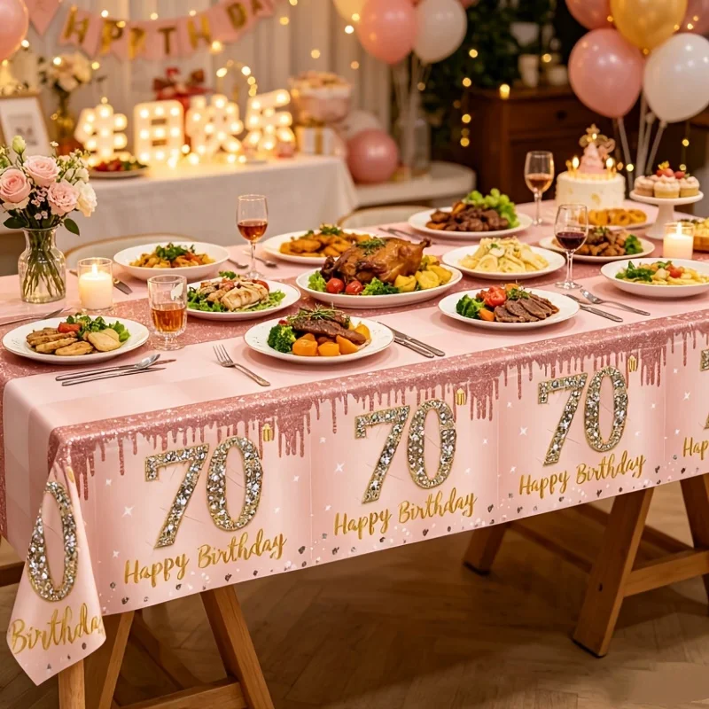 1 piece of 70th birthday girl tablecloth, pink roses, golden happiness.PMJ