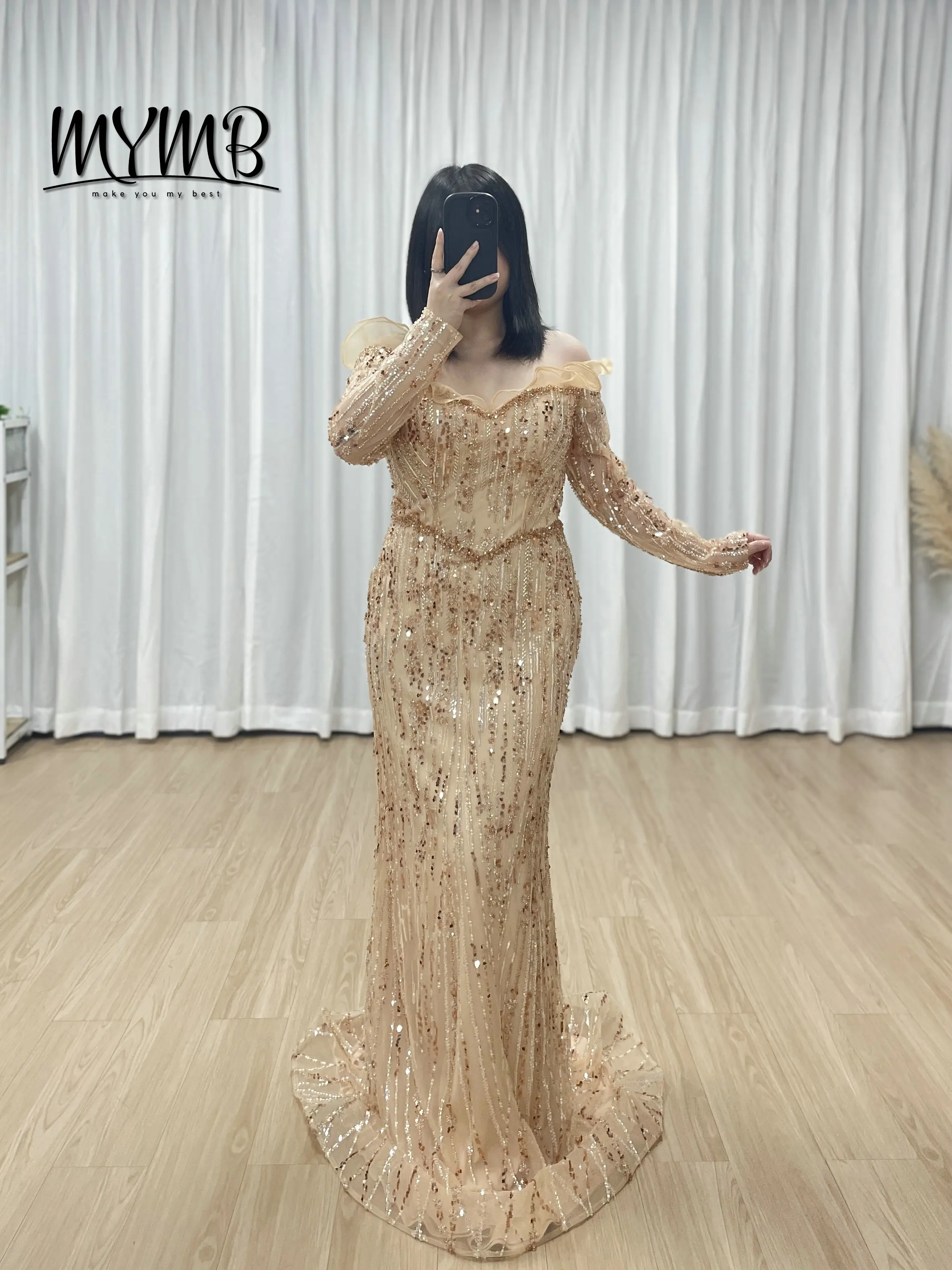 

MYMB Элегантное вечернее платье русалки цвета шампанского без бретелек Вечернее черное платье с длинными рукавами Роскошные вечерние платья из бисера для выпускного вечера MY30220