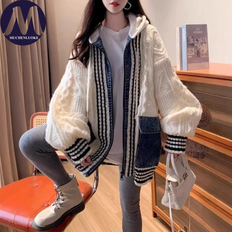 

Elegant Hooded Spliced Knit Sweater for Women Korean Fashion Casual Loose Knitted Cardigan Autumn Winter Coat