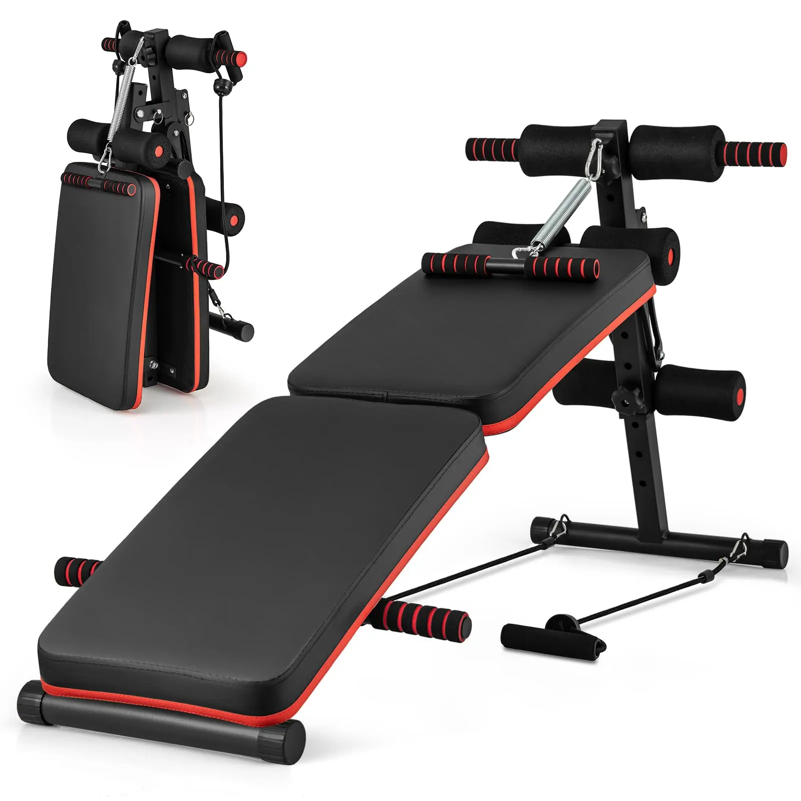 Sit Up Bench, 330lbs Folding Decline Workout Bench with Spring Handle, Elastic Ropes & 4 Level Adjustable Height