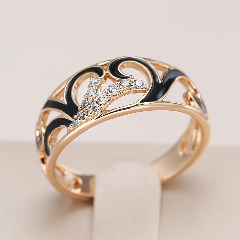 Kinel Unusual Black Enamel Ring for Women 585 Rose Gold Color Natural Zircon Rings Creative Ethnic Bride Wedding Jewelry