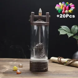 Chinese Dragon Incense Burner Ceramic Waterfall Incense Holder Aroma Censer With Acrylic Windproof Cover