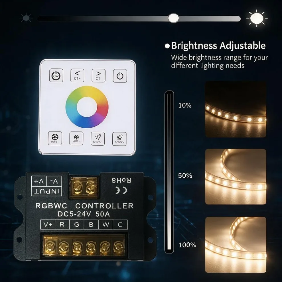 RGBWC LED Controller Set DC5-24V 50A Touch Color Wheel Wall Panel Remote 31-Level CCT Brightness Speed Adjust Smart Dimmer
