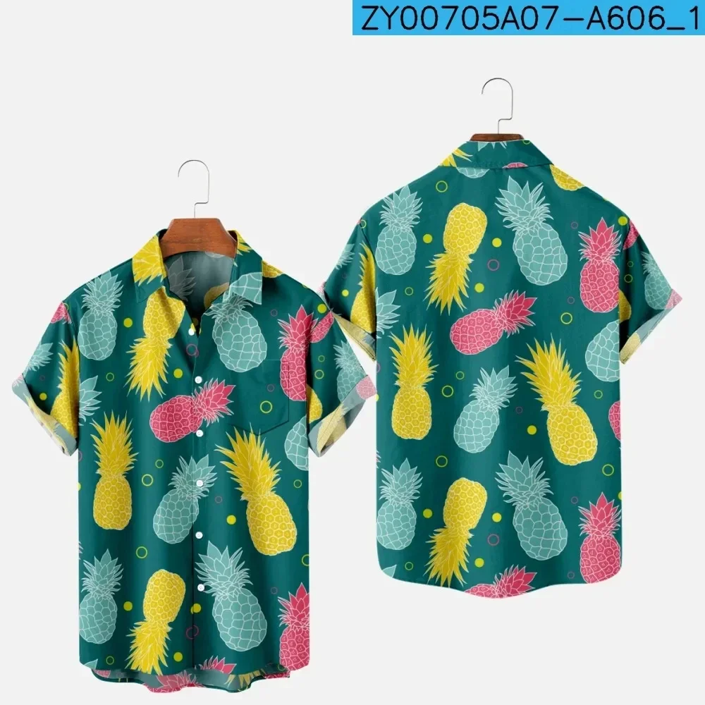 Blusa con estampado 3D de piña y fruta para hombre, camisa informal de manga corta con botones y solapa, ropa de calle de gran tamaño para playa