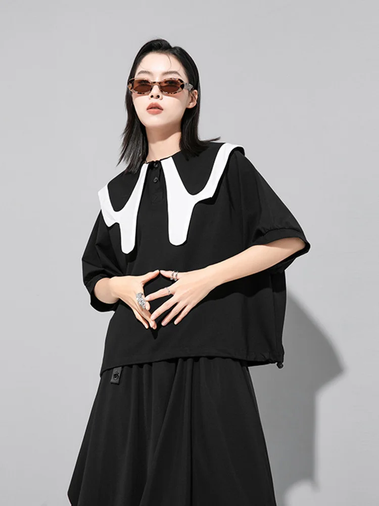 [EAM] Women Black Color-block Big Size Casual T-shirt New Round Neck Half Sleeve Fashion Tide Spring Summer  2024 1DE7645