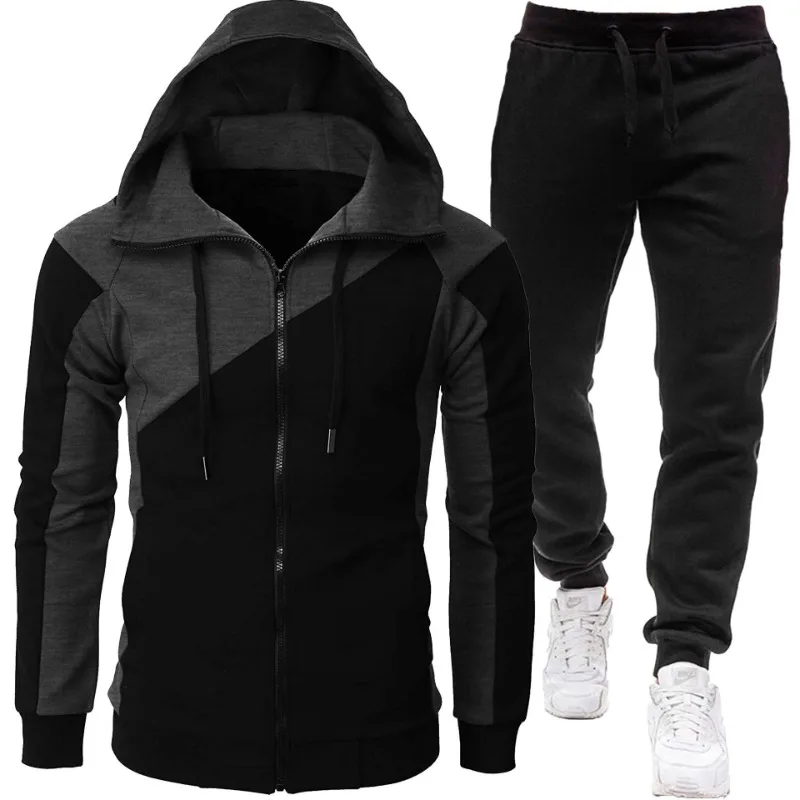 

Мужская куртка High Street контрастного цвета, приталенный свитер с капюшоном, спортивные штаны, повседневная модная мужская спортивная крышка из двух частей с длинным рукавом