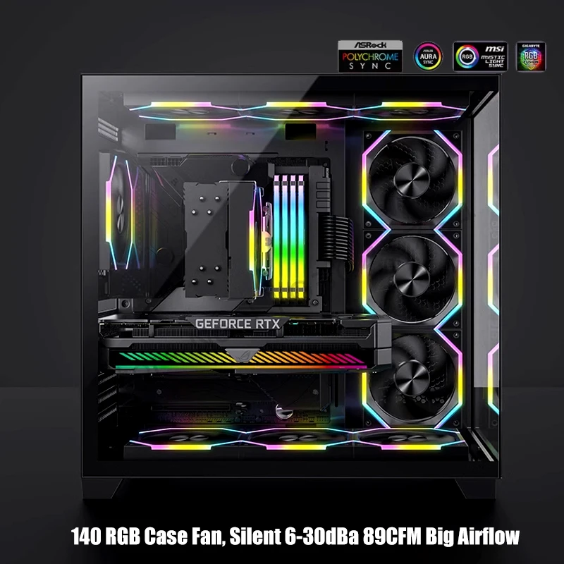 140 حافظة مروحة ARGB، صامتة 6-30dBa 89CFM تدفق هواء كبير، خزانة كمبيوتر 14 سم 14025 تدعم مبرد Mobo 5V ARGB SYNC، عكس أو أمامي