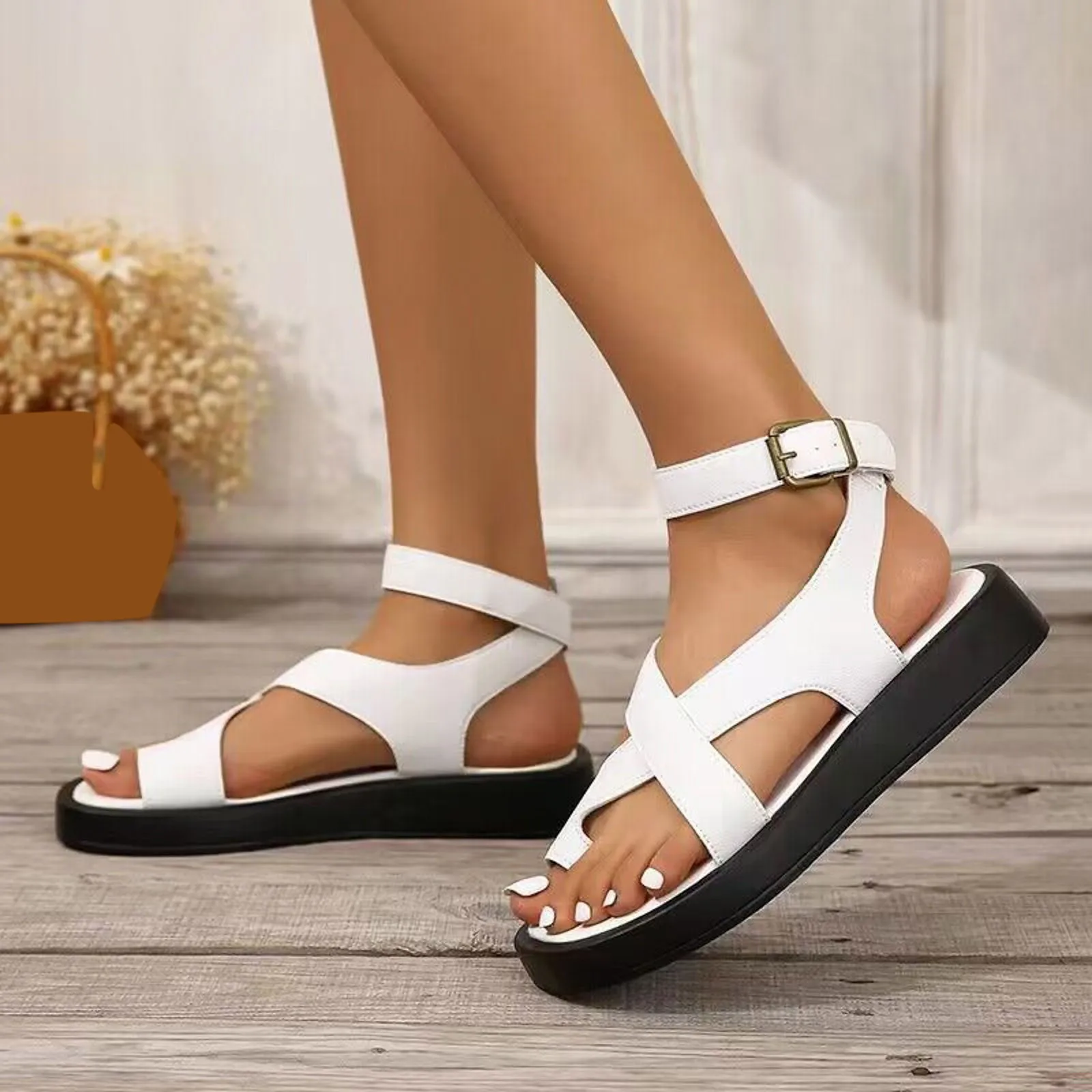 

Elegant Female Shoes Women Sandals Fashionable Simple Solid 2024 Summer Thick Set Toe Thick Bottom Large Casual Shoes Daily