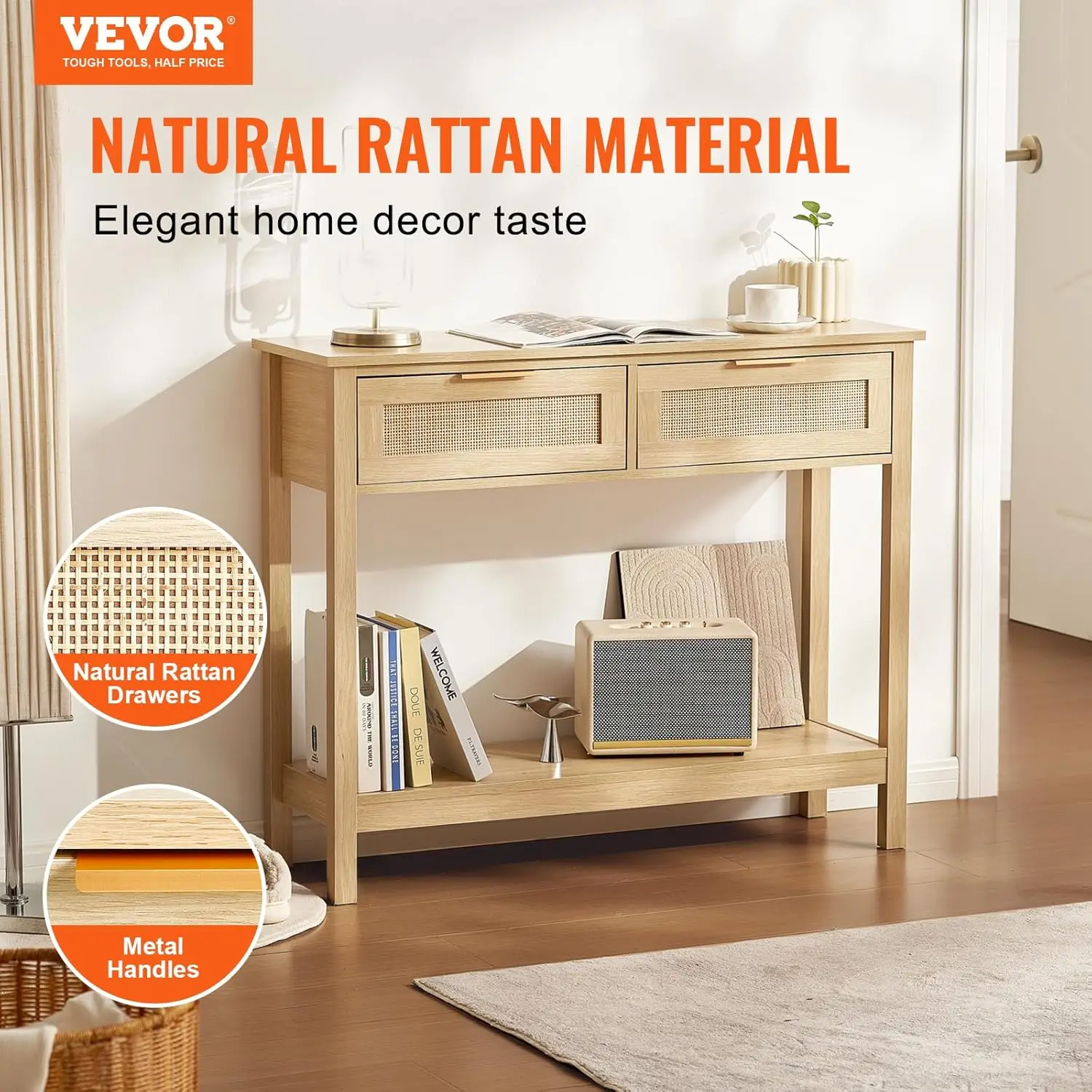 Vevor Rattan Console Table With 2 Storage Drawers, Rattan Entryway Table With Natural Rattan Sliding Door, Console Sofa Table