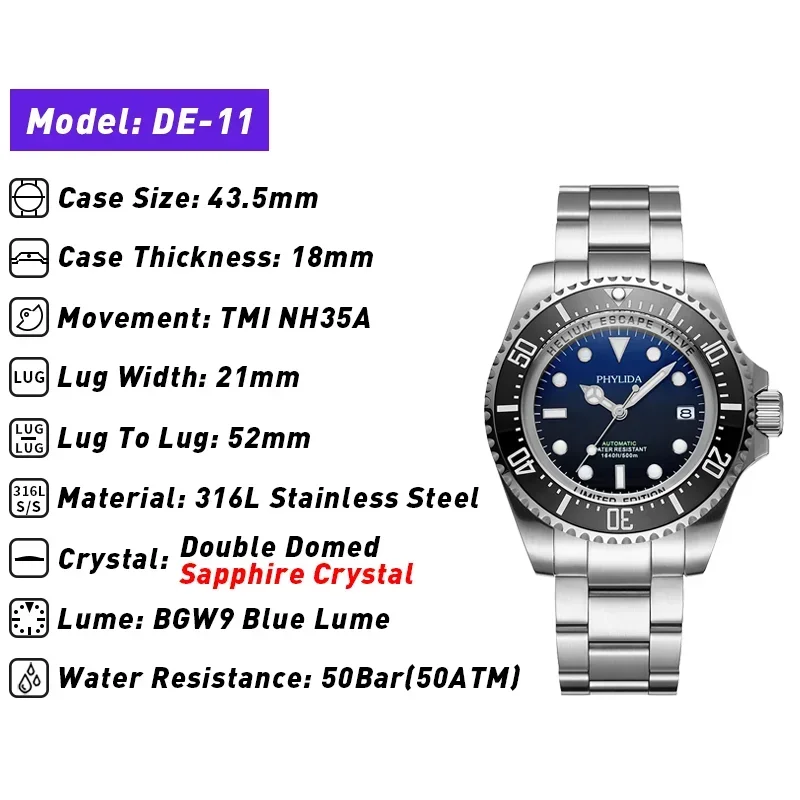 PHYLIDA 500M 43.5mm Men\'s Diver Watch NH35 Automatic Sapphire Stainless Steel 50Bar Big Heavy Wristwatch Helium Escape Device