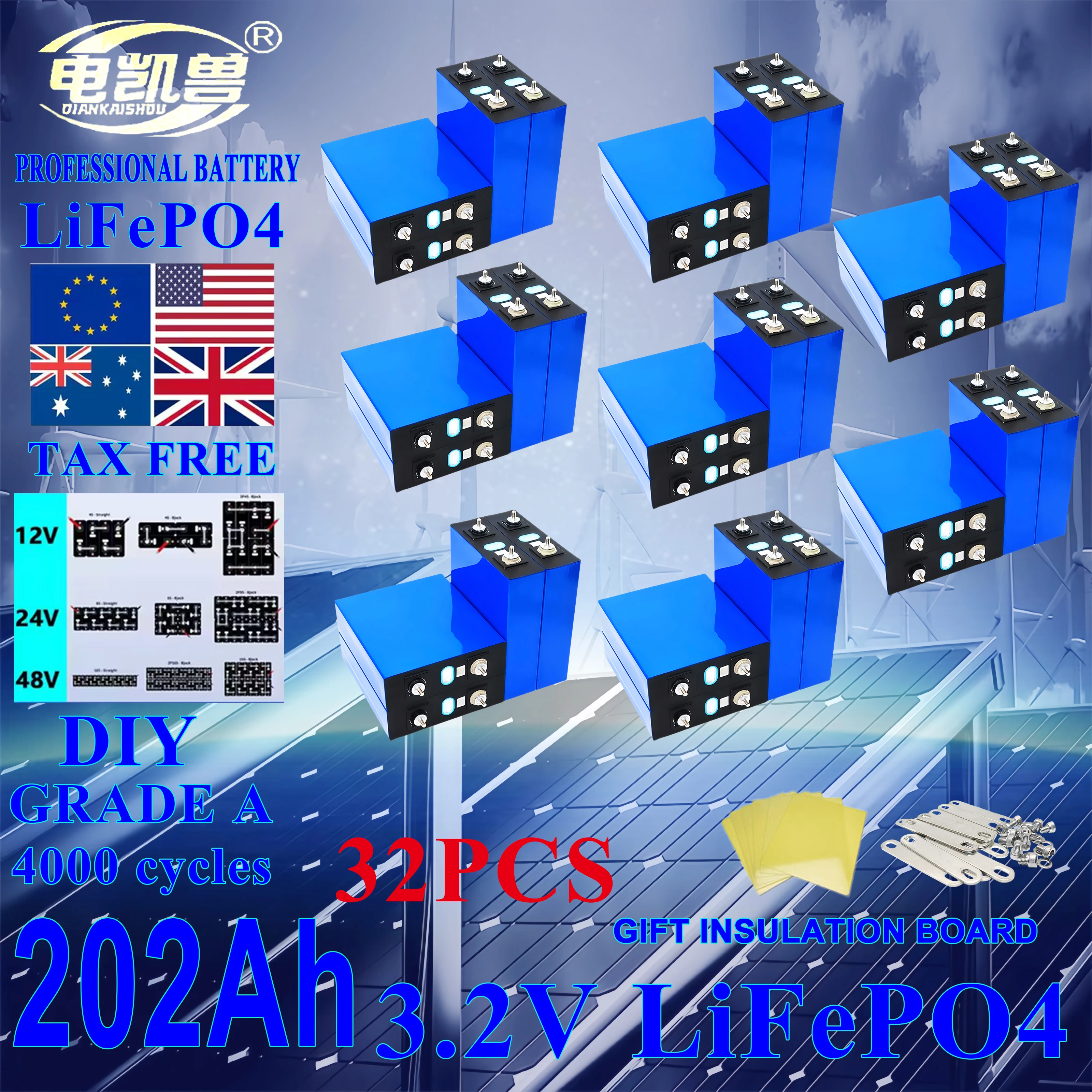 

32pcs Grade A 3.2V 202AH LifePO4 Battery 4000 Cycle Rechargeable Bateriais DIY 12V 24V 48V for RV EV Boat Solar Cell tax-free