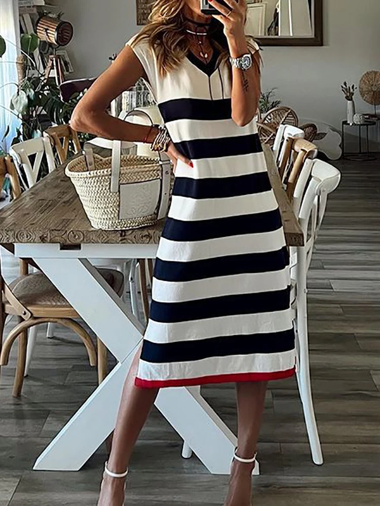 

Sleeveless Simple Elegant Maxi Dress, Women Spring Summer Striped Patchwork Party Dress, V-Neck Fashion Ladies Dress Streetwear