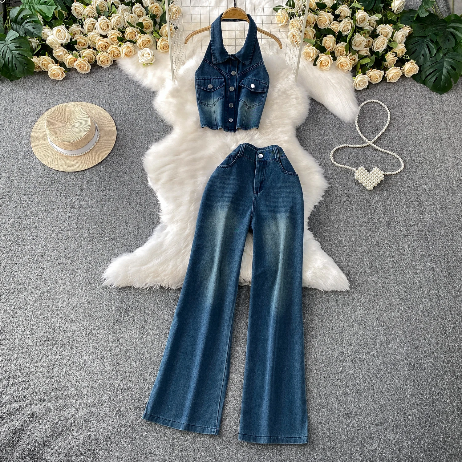 Jeans Casual Set For Women Korean Version Fashion Summer Clothing Sleeveless Halter Jeans Tops+High-Waisted Wide-Leg Pant