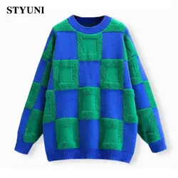 Blue Green Plaid O-Neck Acrylic Knitted Long Sleeve Loose Women's Sweater Korean Fashion Chic Pullover Sweaters Autumn Winter