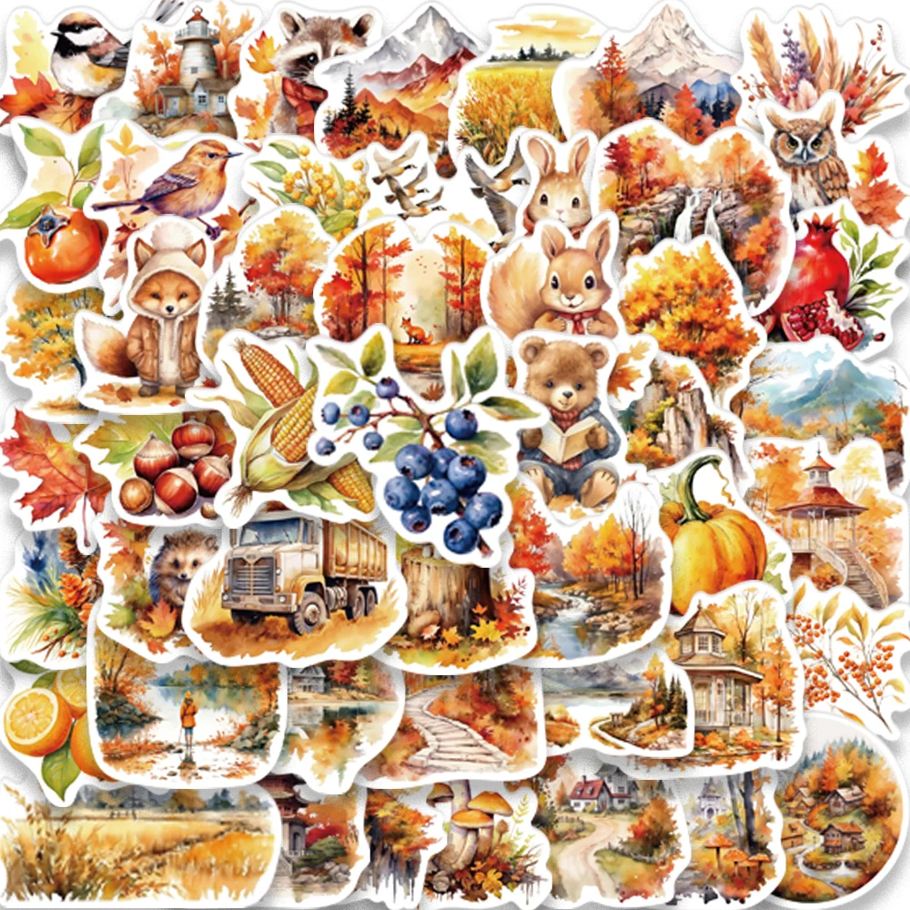 

50pcs Cartoon Autumn harvest Stickers for Laptop Skateboard Phone Case Scrapbook Retro Aesthetic Decoration Waterproof Decal