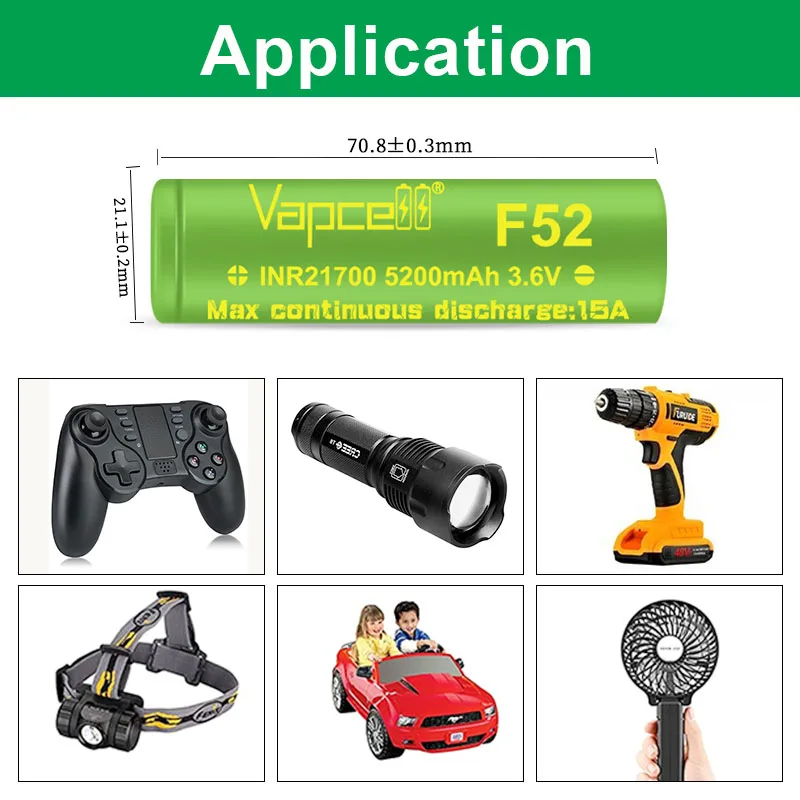 1-10pcs Original Vapcell 21700 F52 Battery 5200mah 15A 3.6V High Capacity INR 21700 Rechargeable Batteries Li-ion Cell
