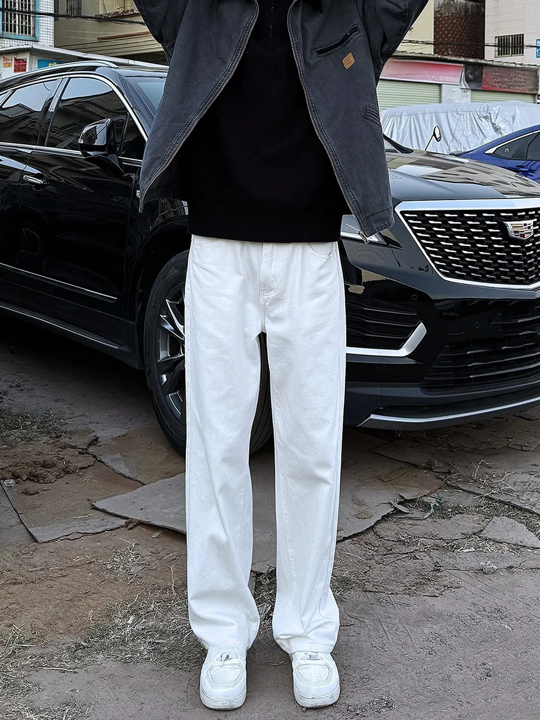 

Мужские белые прямые джинсы Cleanfit с флисовой подкладкой, облегающие, в стиле High Street, осенне-зимние, повседневные, модные, молодежные, трендовые