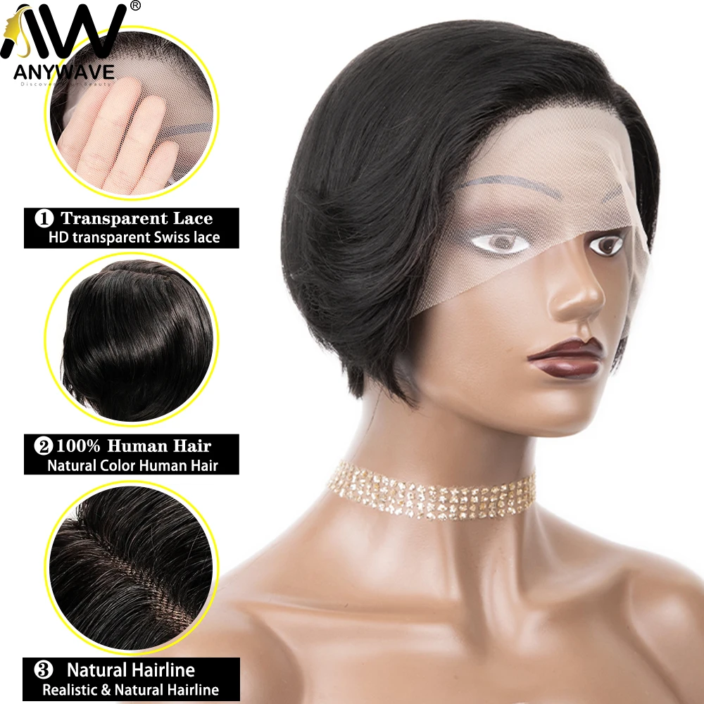 Perruque Bob Lace Front Wig Remy Brésilienne Naturelle, Cheveux Lisses, Coupe Pixie Courte, Sans Colle, T-Part, en Solde, pour Femme