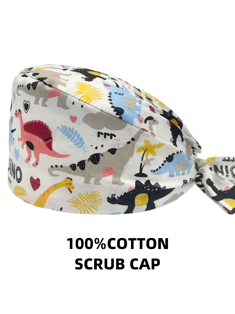 หมวกสครับลายไดโนเสาร์น่ารัก หมวกปรับได้สวมใส่สบายสำหรับแพทย์ผ่าตัด หมวกศัลยแพทย์สำหรับผู้หญิงผู้ชาย